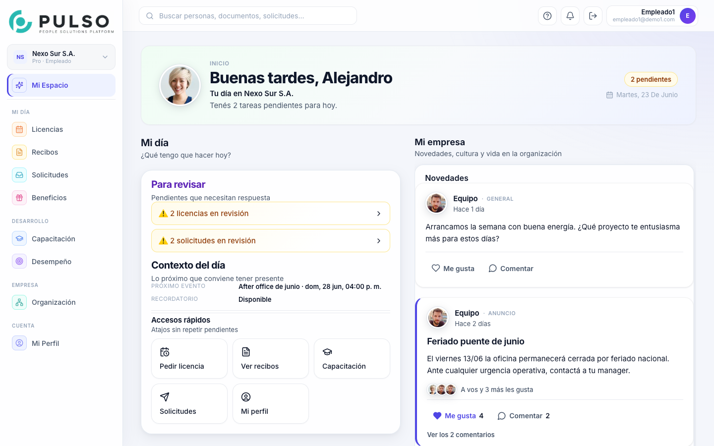 Inicio de Pulso con pendientes, novedades y accesos rápidos para empleados