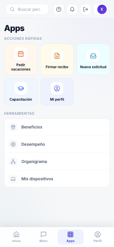Launcher de apps mobile con accesos rápidos en Pulso