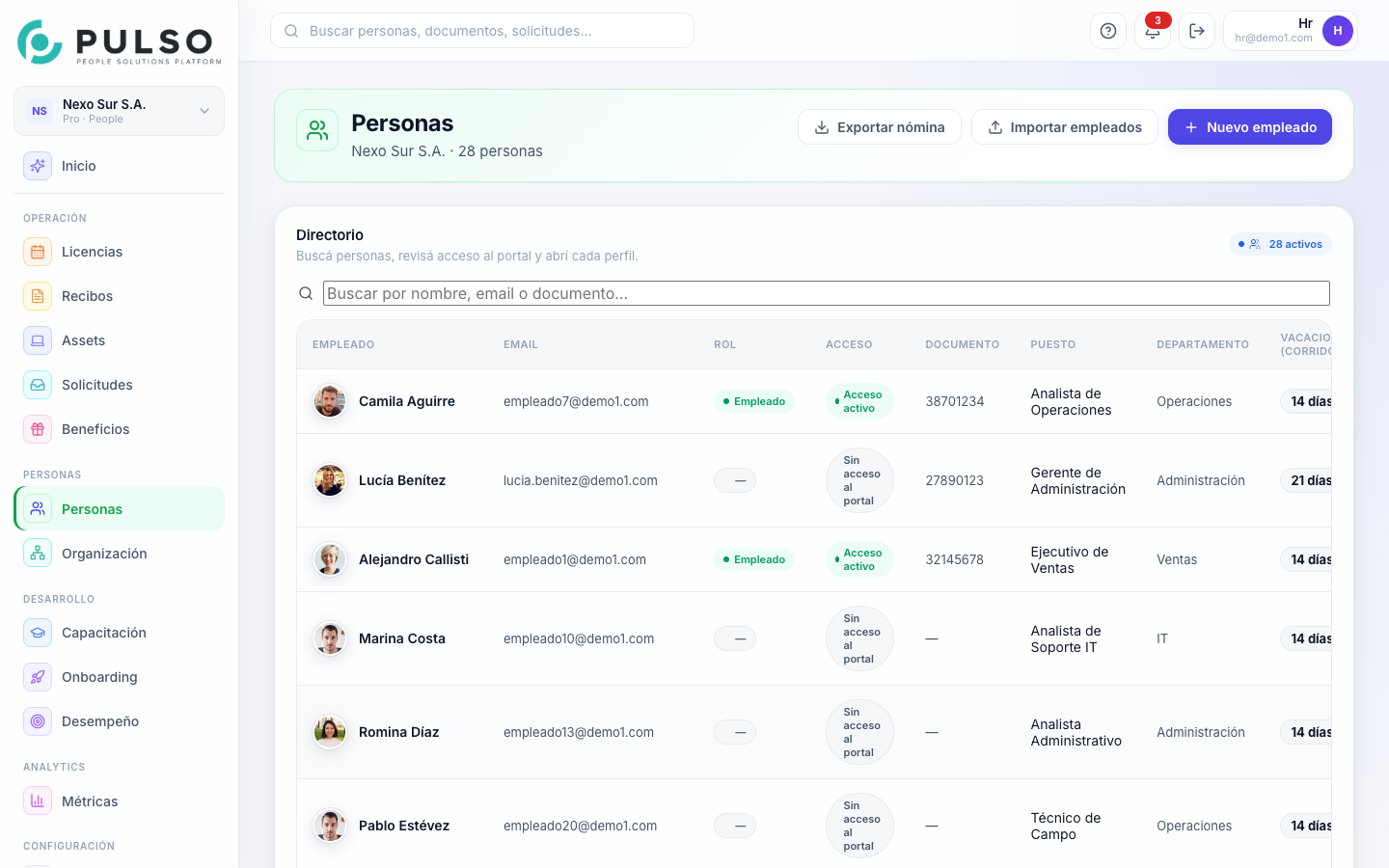 Directorio de personas con roles y acceso al portal en Pulso